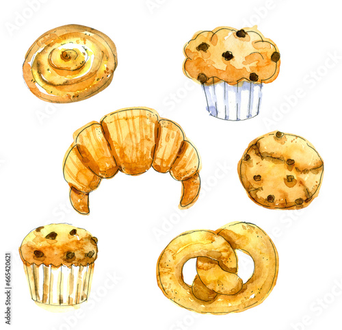 Watercolor set of bakery bakery products. Hand-drawn illustration isolated on the white background