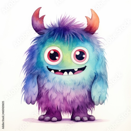 Watercolor cute monster on white background.