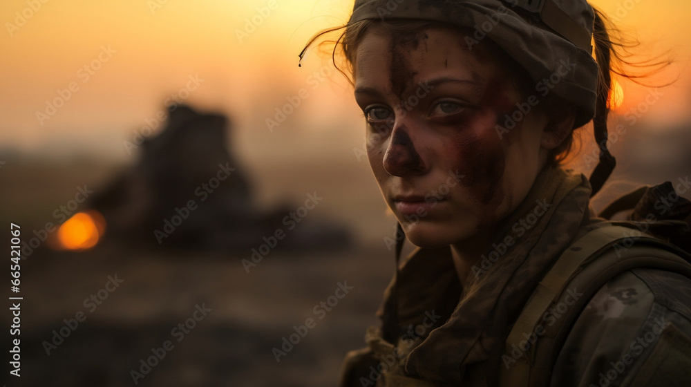 Portrait of Exhausted Female Medic Soldier Overlooking Battlefield at Dawn's First Light - Generative AI