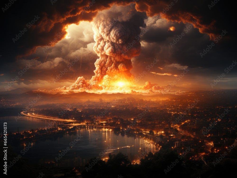 Image of nuclear explosion on the background of the city. Collage