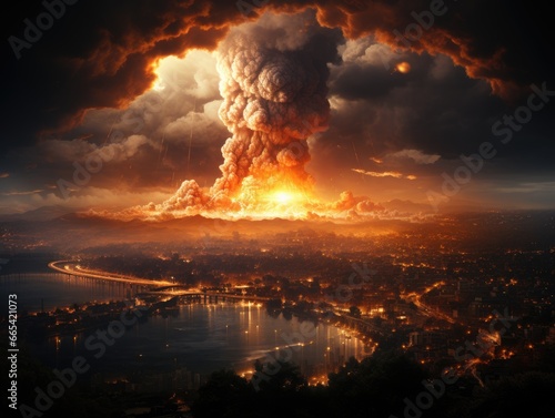 Image of nuclear explosion on the background of the city. Collage