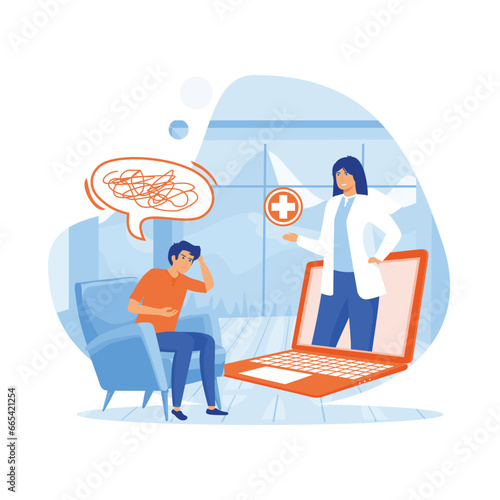 Online remote psychologist doctor appointment, tiny woman character mental problem. flat vector modern illustration 