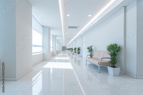 Interior design of a modern luxurious white building corridor or hallway with waiting seat. © Hamidakhanom
