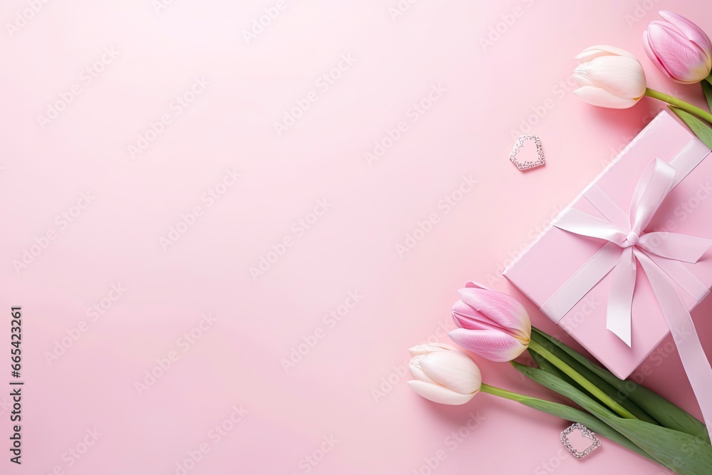 Pink gift box with ribbon bow and bouquet of tulips on isolated pastel pink background.