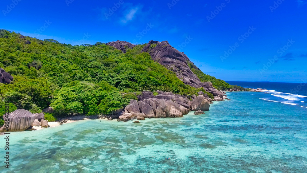 Fototapeta premium Aerial view of Anse Source Argent Beach in La Digue, Seychelles Islands - Africa