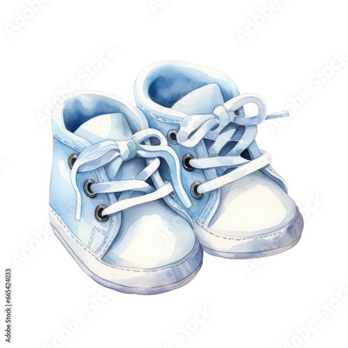 Watercolor newborn small shoes isolated white background.