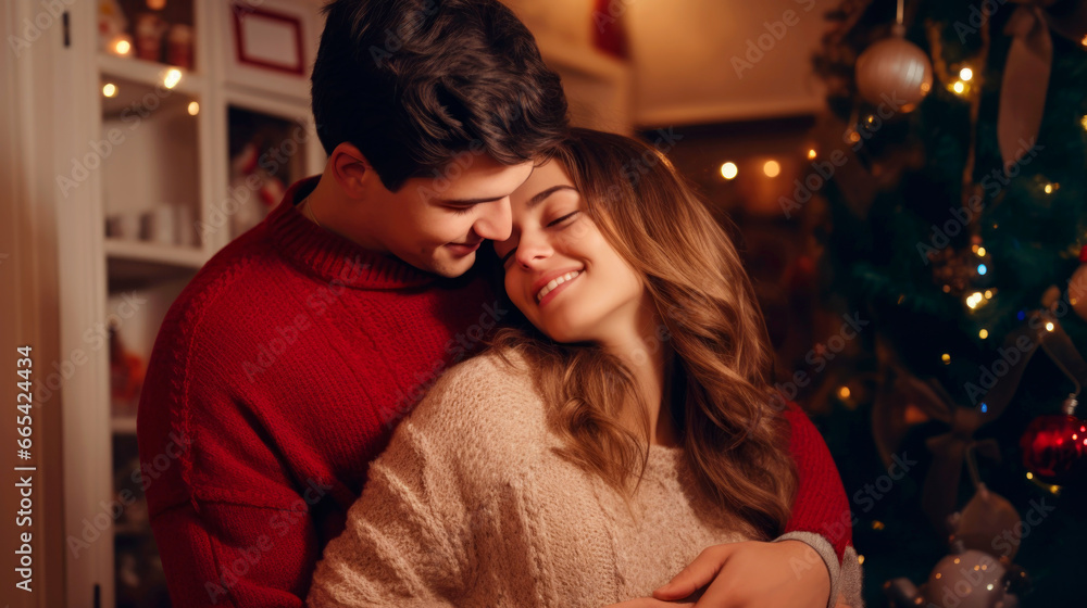 Fototapeta premium Standing and embracing each other. Young lovely couple have romantic dinner indoors together. Ai generated
