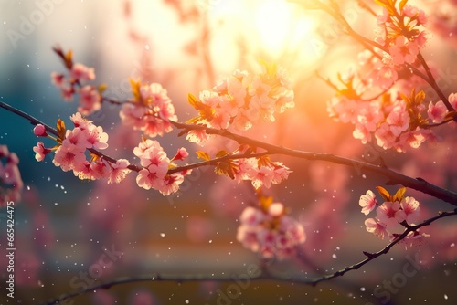 Spring blossom background. Nature scene with blooming tree and sun flare.