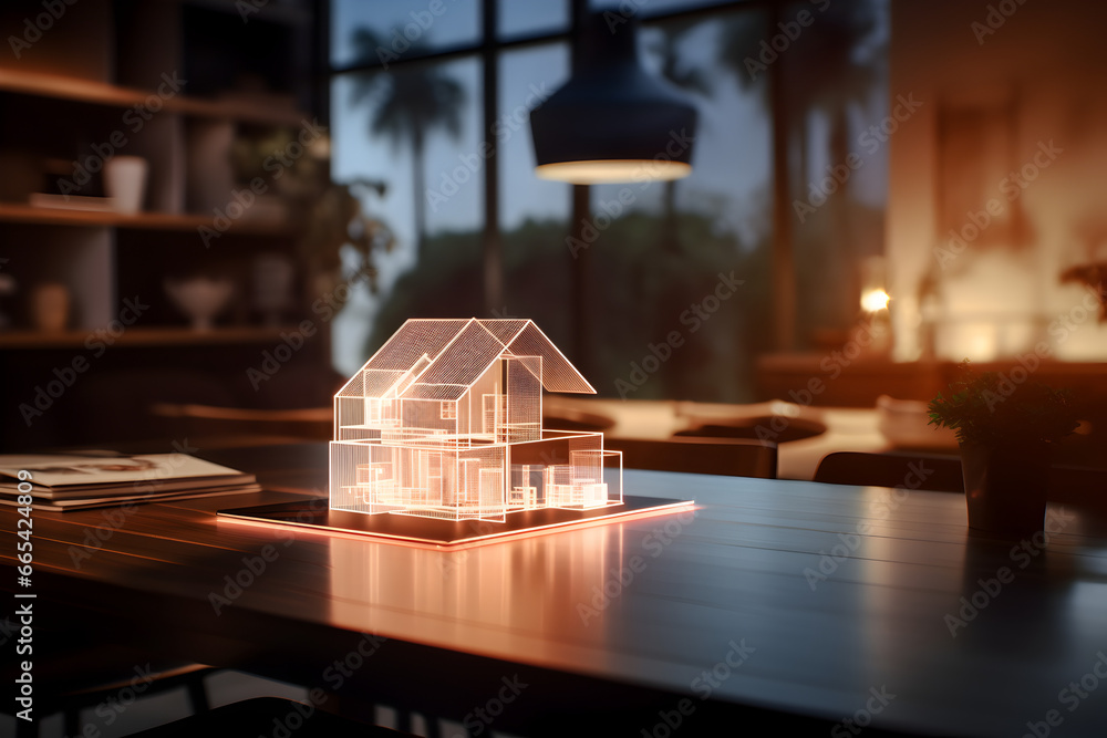 Futuristic real estate agency with 3D house model, mortgage signing, and futuristic business concept. Blurry background. Generative AI. - obrazy, fototapety, plakaty 