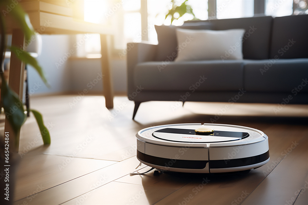 Robotic vacuum cleaner cleaning a wooden floor in living room at sun lights Robotic vacuum cleaner cleaning a wooden floor in living room at sun lights