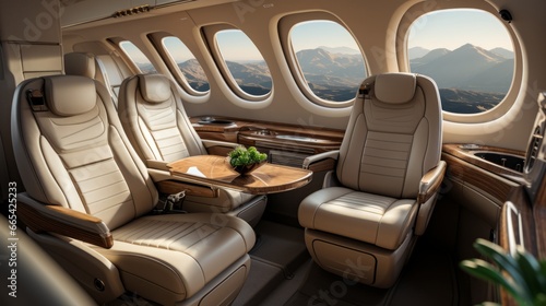 Luxurious interior of a private jet, Premium Business Class Seats for Luxury Air Travel, Posh first class airplane cabin, Exclusive First Class Airplane Seating with Personal Entertainment System
