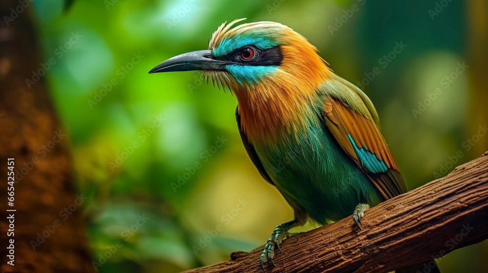 Fototapeta premium Turquoise Browed Motmot in vibrant colors.
