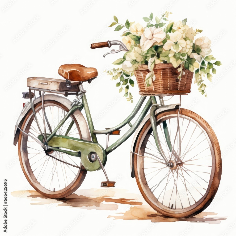 Watercolor bicycle with flowers in the basket isolated on white background.