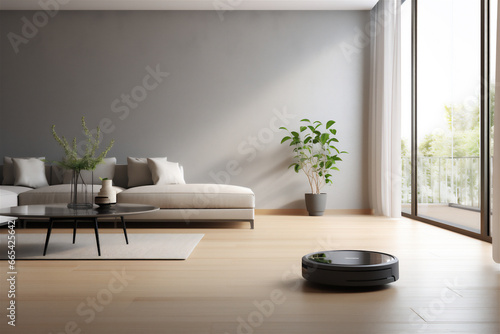Robotic vacuum cleaner cleaning a wooden floor in modern living room photo