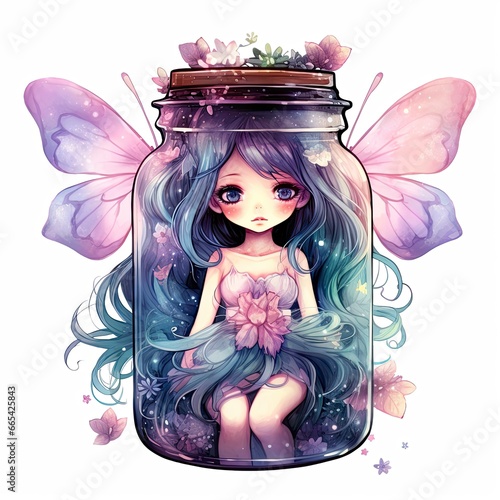 Watercolor Fantasy Pastel Goth Tiny Fairy in a Jar.