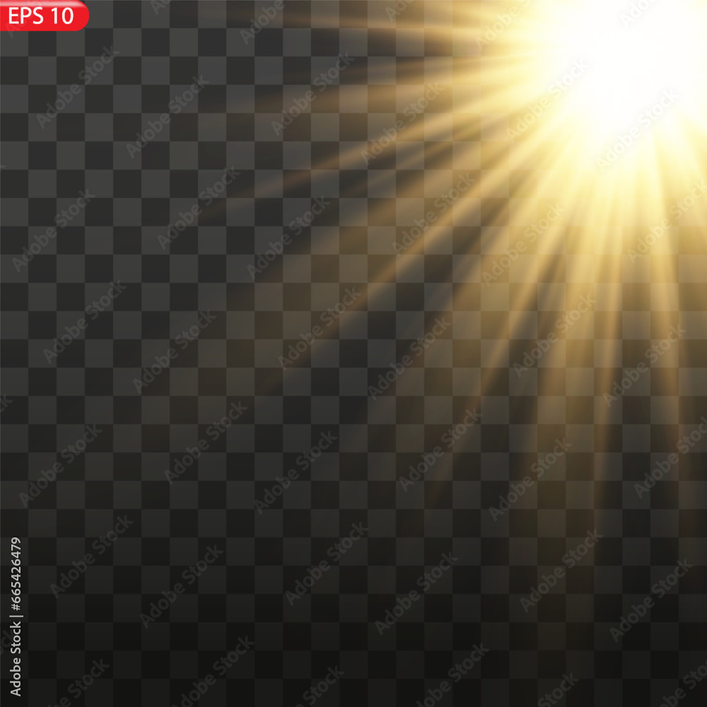 Golden sun light effect. Glowing sunrays on black background.  - obrazy, fototapety, plakaty 