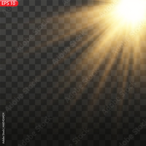 Golden sun light effect. Glowing sunrays on black background. 