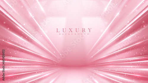 Pink stage scene background luxury design concept with silver line elements and glitter light effects with beam decorations and bokeh.