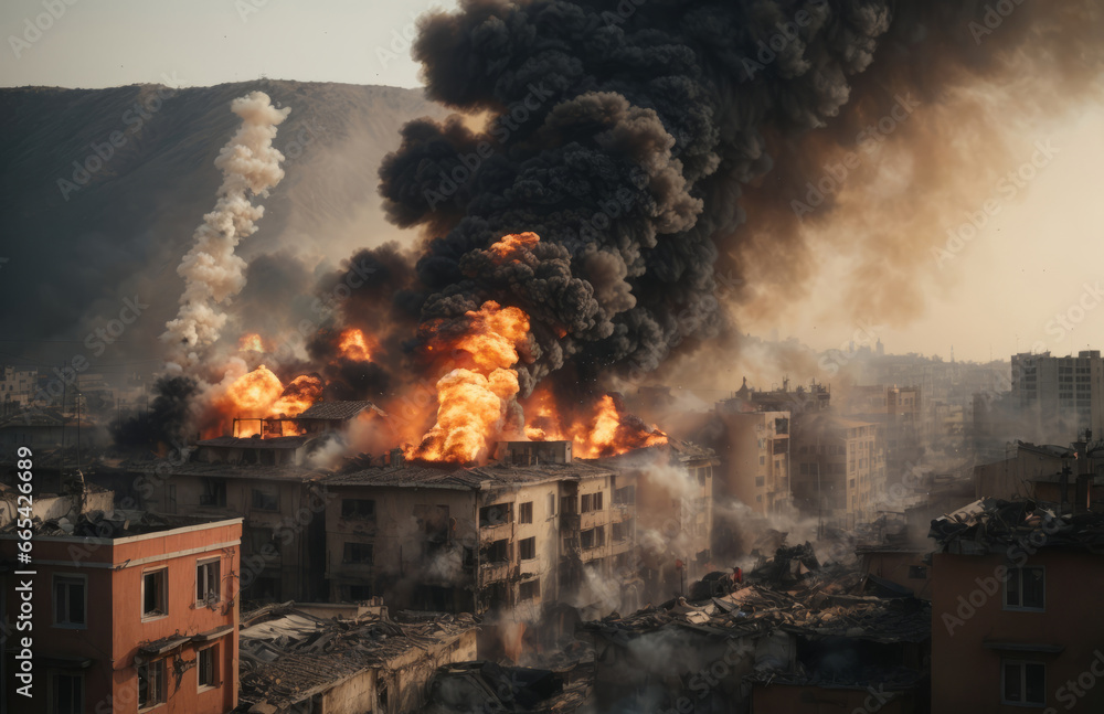 Airstrike on the city, burning houses. Ruined. disaster concept. 