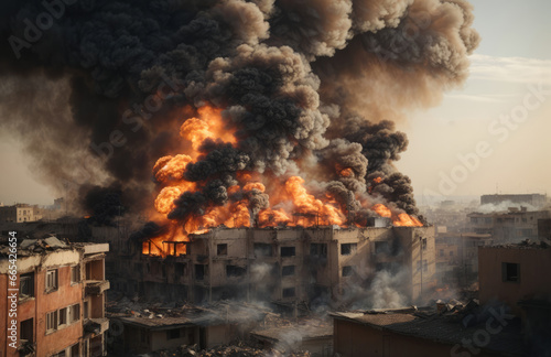 Airstrike on the city  burning houses. Ruined. disaster concept