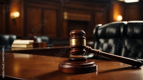 Close-up of gavel on judge desk, symbolizing court trial, justice and legal decisions in courtroom