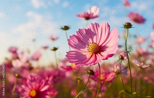 A cosmos flower face to sunrise in field.