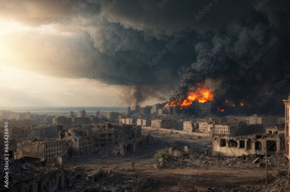 Panoramic view to the destroyed city after the war. Dramatic scene of the Bombed out, burning and fuming city. Human suffering and war. Ruined, deserted city after war with dark . disaster concept
