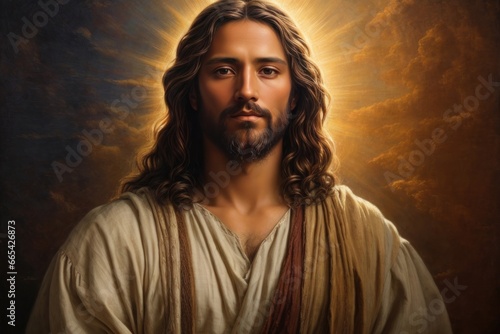 Jesus Christ depicted with a gentle expression, surrounded by a heavenly glow, bringing a sense of peace and serenity. second coming of Jesus Christ in heavenly glory