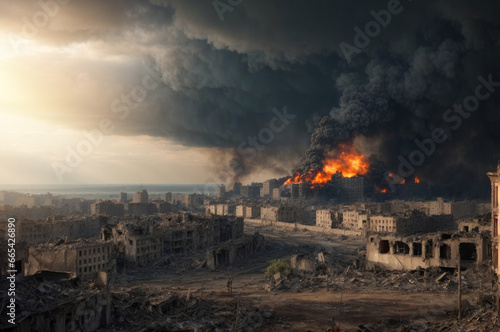 Panoramic view to the destroyed city after the war. Dramatic scene of the Bombed out  burning and fuming city. Human suffering and war. Ruined  deserted city after war with dark . disaster concept