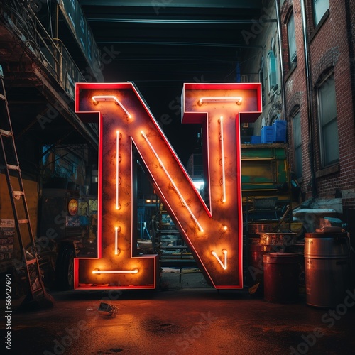 Alphabet capital letter N text. Futuristic neon glowing symbol, logo on dark grunge background. photo