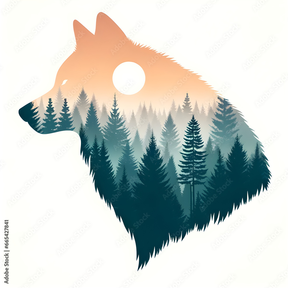 Double Exposure Illustration of Wolf Silhouette with Misty Forest ...