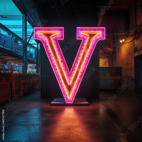 Alphabet capital letter V text. Futuristic neon glowing symbol, logo on dark grunge background. photo