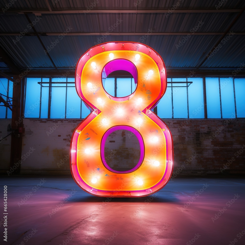 Number 8 eight. Futuristic neon font, digital glowing symbol, logo on dark grunge background. - obrazy, fototapety, plakaty 