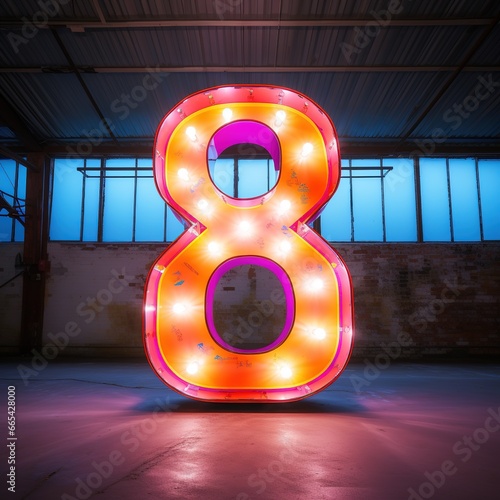 Number 8 eight. Futuristic neon font, digital glowing symbol, logo on dark grunge background. photo