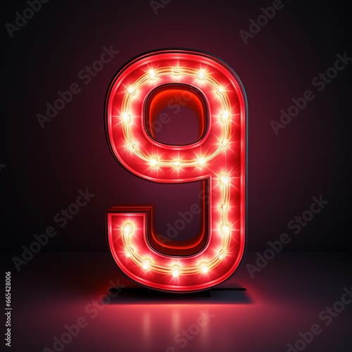 Number 9 nine. Futuristic neon font, digital glowing symbol, logo on dark grunge background. photo