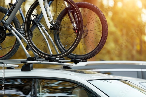 Car Roof Bicycle Mount for Adventurous Travel. Top roof bicycle mount. Concept of transporting a bicycle.