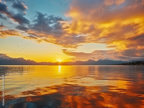 Bright sunset over Lake golden clouds reflect in the water.