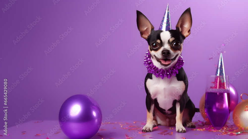 Happy dog Celebrating New Years Party on a purple background with copy space