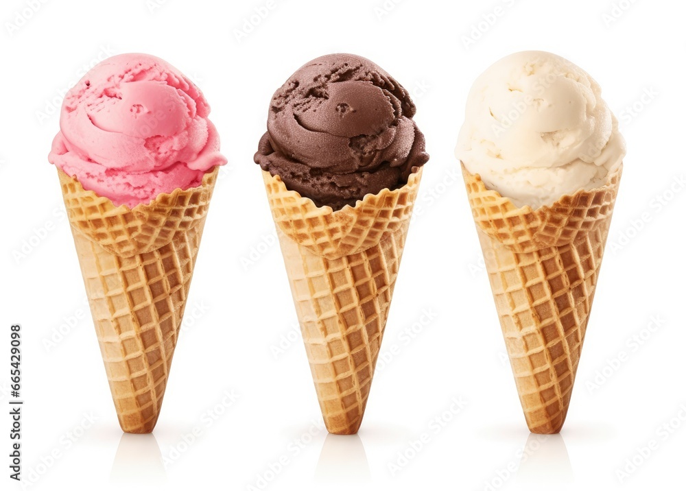 Chocolate, vanilla and strawberry Ice cream in the cone on white background. Chocolate, vanilla and strawberry Ice cream in the cone on white background.