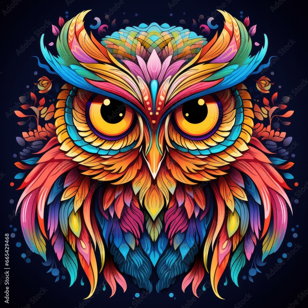 Multicolored mandala owl coloring page for adults.