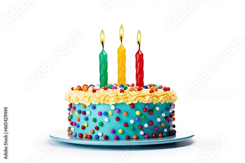 Colourful birthday cake with candles isolated on white background.