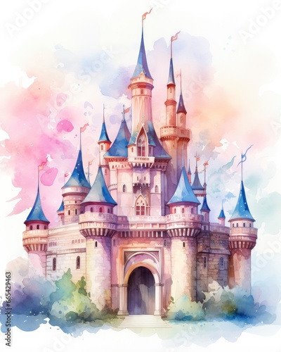 Colorful watercolor kawaii castle isolated on white background.