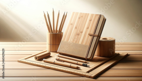 Illustration of a minimalist desk with bamboo stationery, a bamboo notebook, pencil holder with pencils - Generative AI © lilyl