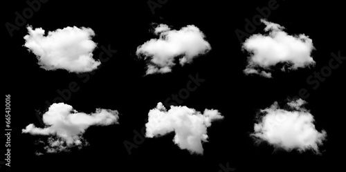 Set of white clouds or smog for design isolated on a black background.