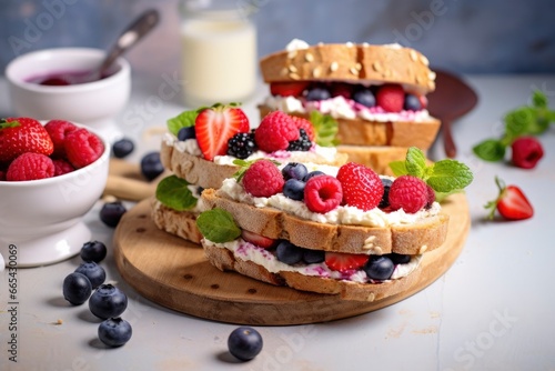 Fresh breakfast with Blueberry, Strawberry, raspberry ricotta rye sandwiches. photo