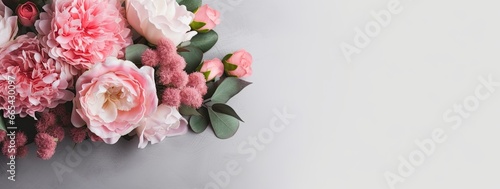 Fresh bunch of pink peonies and roses with copy space. © Hamidakhanom
