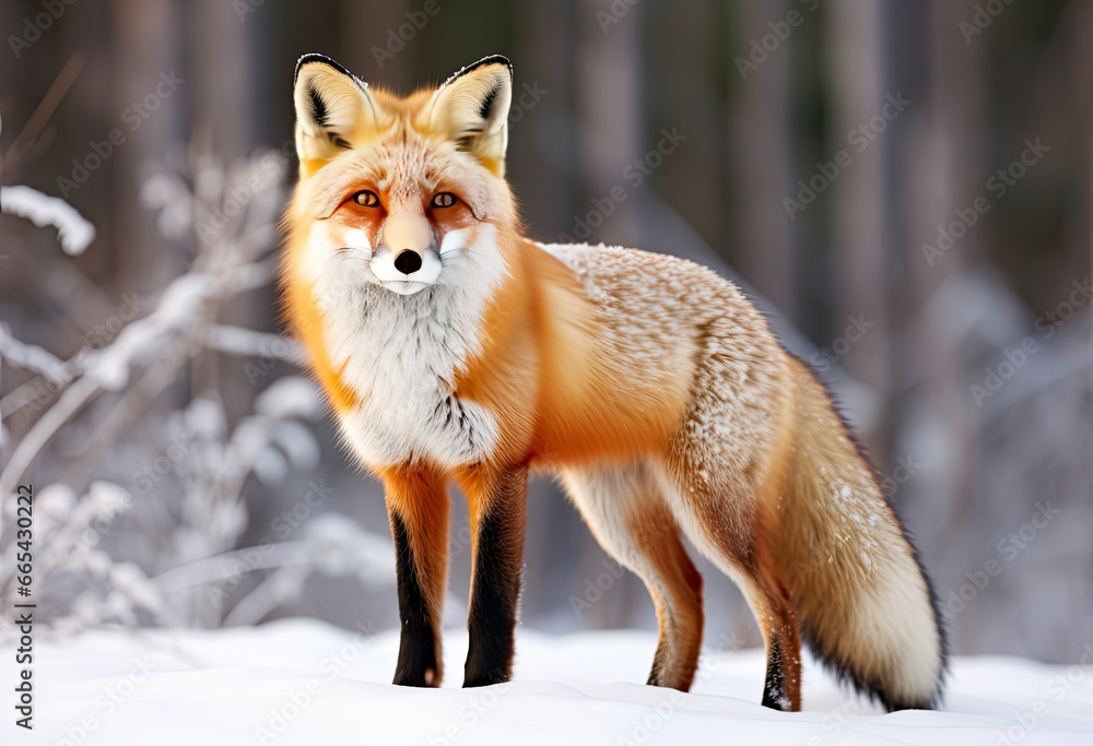 Fototapeta premium Red fox standing on snow.
