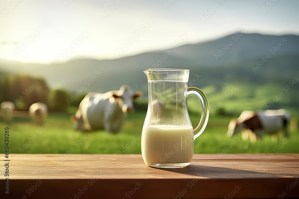 Glass pitcher with fresh milk on a wooden table. - obrazy, fototapety, plakaty 
