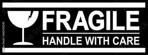sticker fragile handle with care, black and white warning label, fragile label with broken glass symbol, vector asset