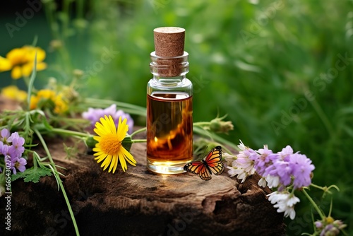 Glass Bottle of herbal essential extract, butterfly, and wildflowers on a tree stump.